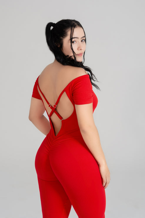 VELO seamless red jumpsuit back view cross-back sculpting activewear